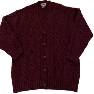 VTG LL Bean Mens Burgundy 100% Wool Fisherman Sweater Cable Knit Cardigan XL